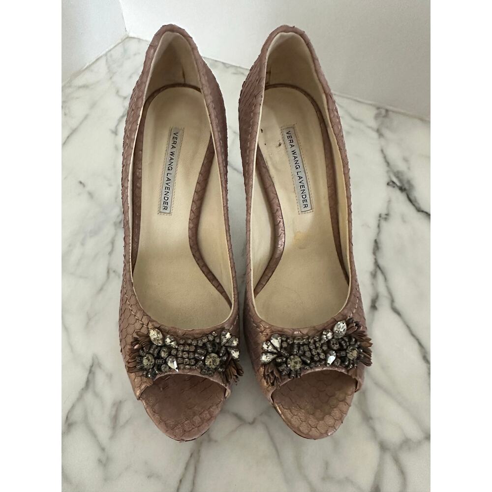 Vera Wang Lavender pumps snakeskin-textured leather crystal-embellished peep toe